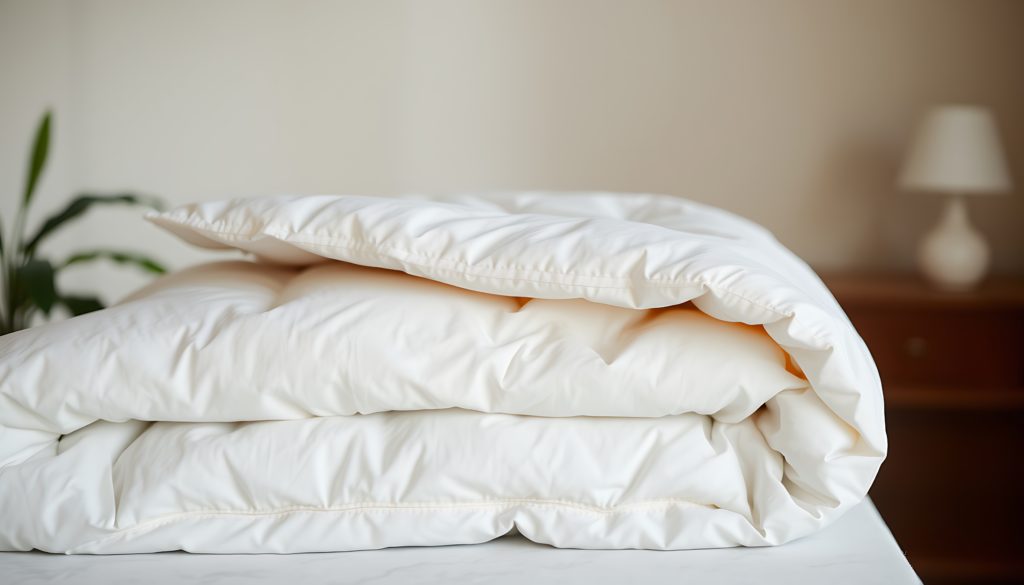 Świeża, czysta kołdra złożona na blacie stołu.