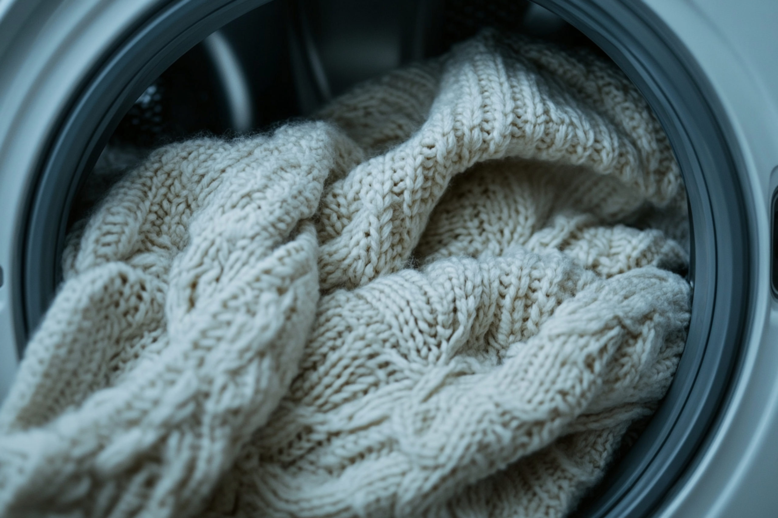 Wełniany biały sweter wewnątrz bębna pralki, gotowy do prania.